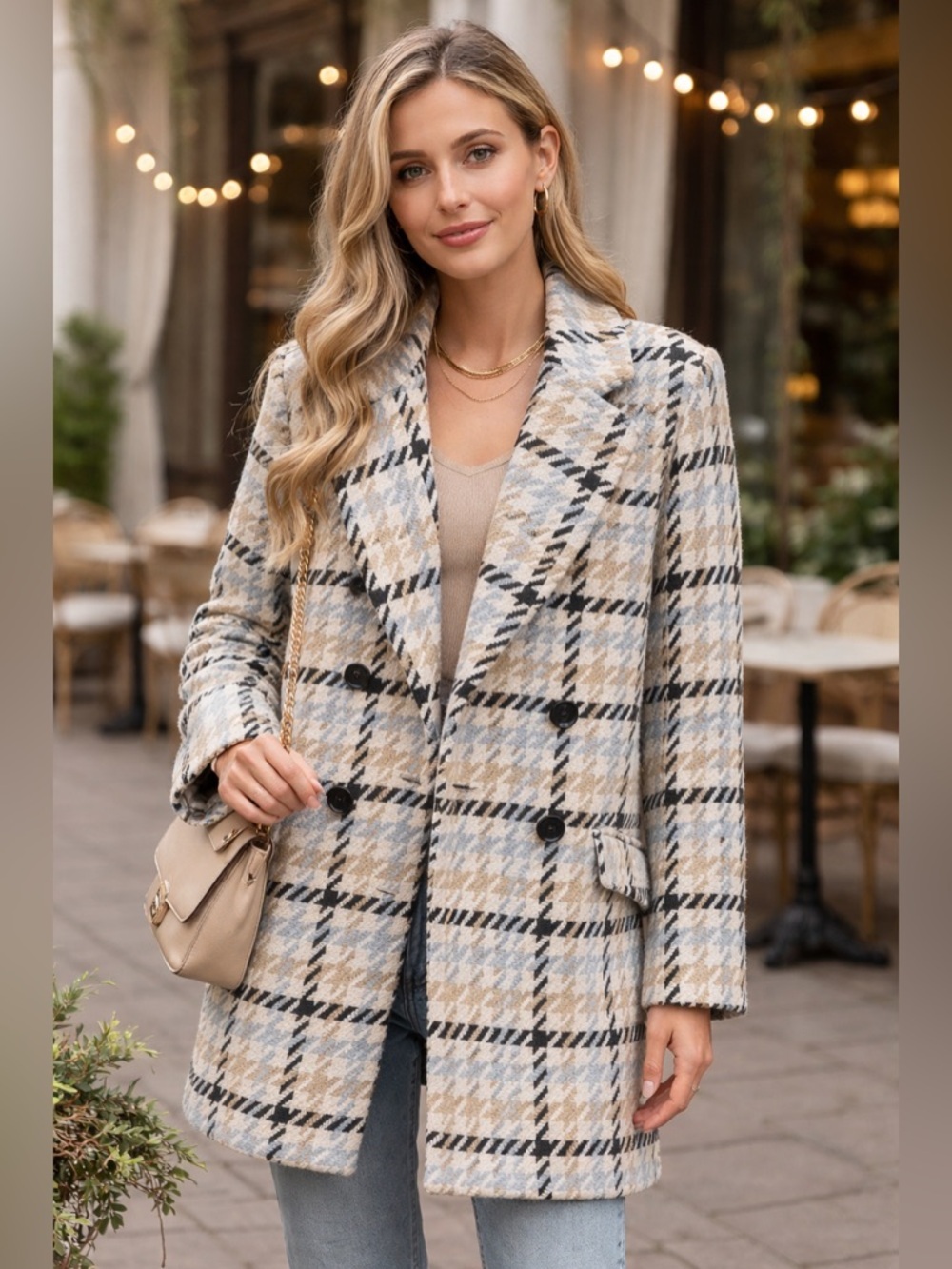 Fashion Nova Wool Blend Houndstooth Oversized Coat - Blue/Tan/Black - Size M - Picture 3 of 9